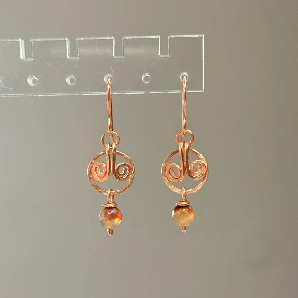 Celtic-Domed Spiral Polished Copper Earrings with Fire Agate Stone Drops